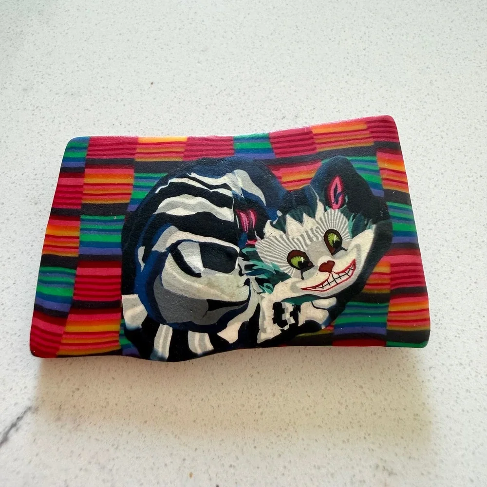 Rare Vintage 1990s Kathleen Amt Signed Polymer Clay Brooch Pin Cheshire Cat Art